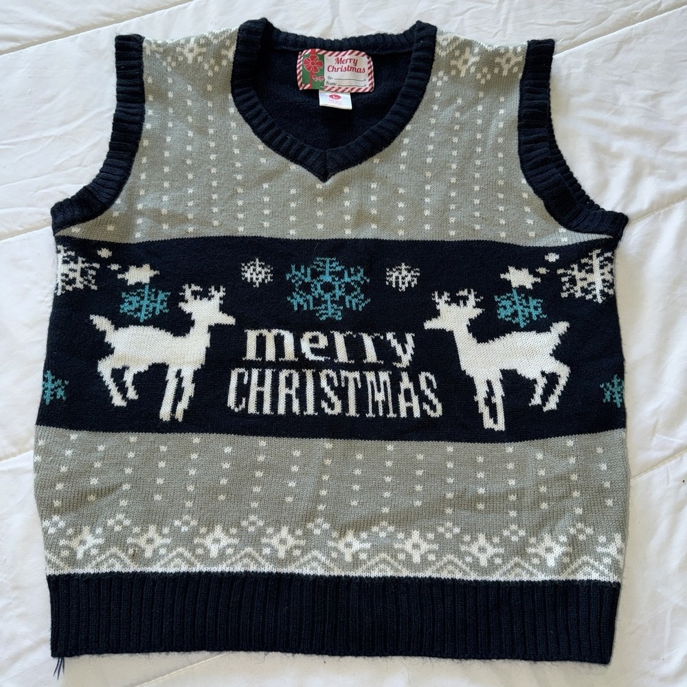 Merry Christmas Sweater Blue Vest Reindeer‎ And Snowflakes size Large Holidays